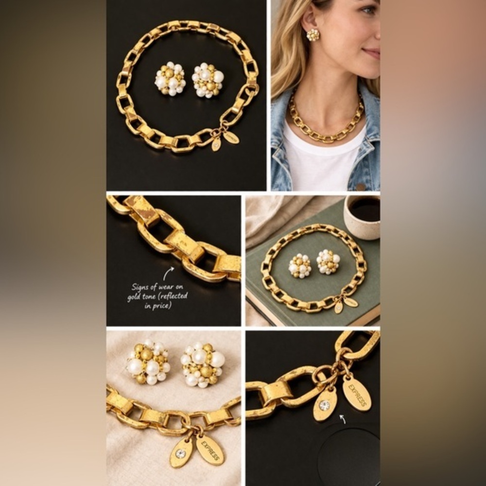 Chunky gold-tone chain link necklace & cluster pearl vintage clip on earrings 🤍✨